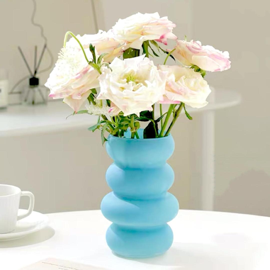 BLOFLO Colored Glass Hydroponic Flower Vase, 7-Inch Blue Glass Vase, Four-Layer Geometric Glass Floral Vase for Home Dcor, Modern Bubble Glass Vase for Home Office Wedding Table (Blue)