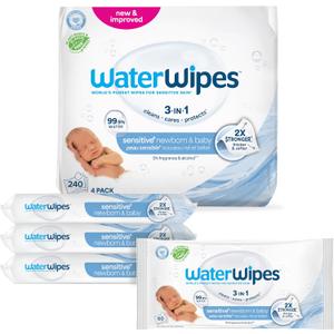 WaterWipes Sensitive+ Newborn & Baby Wipes, 3-In-1 Cleans, Cares, Protects, 99.9% Water, Unscented & Hypoallergenic, 240 Count (4 Packs)