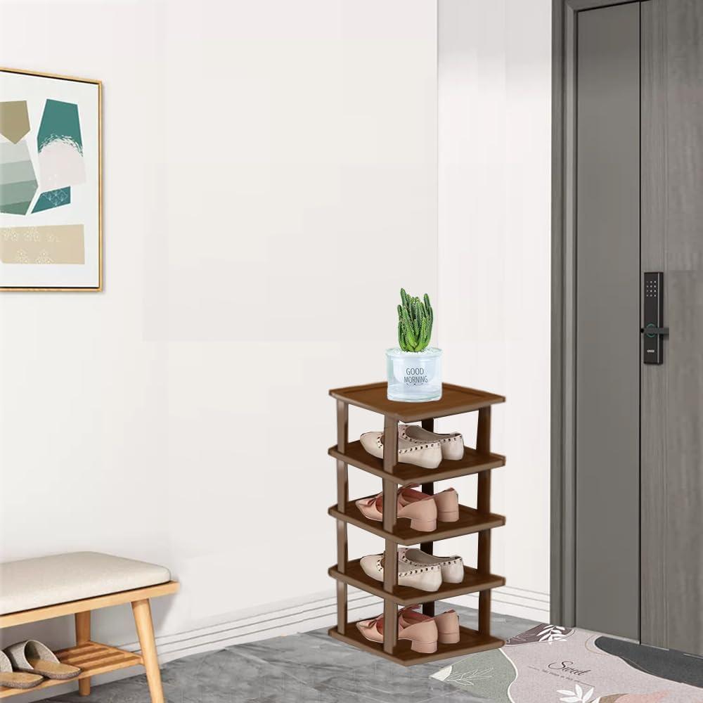 Bamboo Vertical Shoe Rack for Entryway, Narrow Shoe Rack Stackable, Minimalist Shoe Storage, 5 Tier Brown Standing Shoe Organizer for Garage Corner Bedroom Hallway (Brown, 5-Tier)