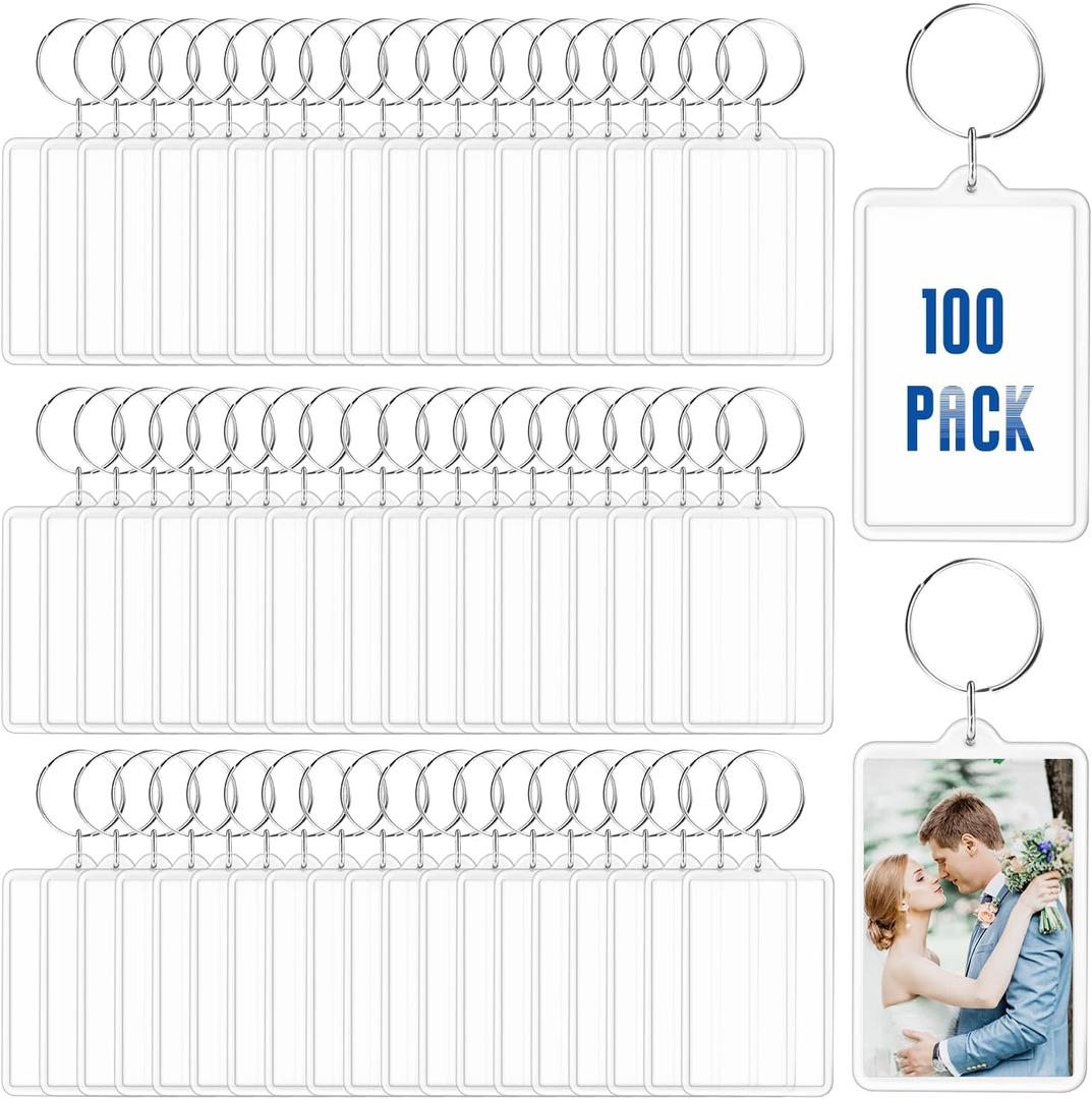 100 Pieces 3.4 * 5.2cm Clear Acrylic Photo Frame Keychain with Split Ring Rectangle Blank Picture Keyring Pendant Bulk Personalised Double Sided Key Fob Holder