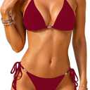 swimall Women's Halter Triangle Bikini Sets Sexy Two Piece Swimsuit Gold Metal Side Tie Bathing Suit (L)