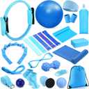 24 Pcs Home Pilates Essentials Kit for Women, Pilates Equipment Ring and Ball Set with Stretching Strap, Water Bottle, Magic Circle, Yoga Ring, Gym Bag, Resistance Band, Anti Slip Socks (Blue)