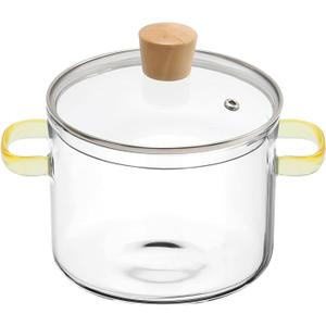 Transparent Glass Clear Heat Resistant Cooking Pot with Lid Soup Porridge Pot Glass Cookware Soup Bowl for Kitchen (Yellow Handle)