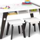 Wildkin Kids Arts and Crafts Table Set for Boys and Girls, Mid Century Modern Design Craft Table Includes Two Stools, Paper & Storage Cubbies Underneath Helps Keep Art Supplies Organized (Espresso)