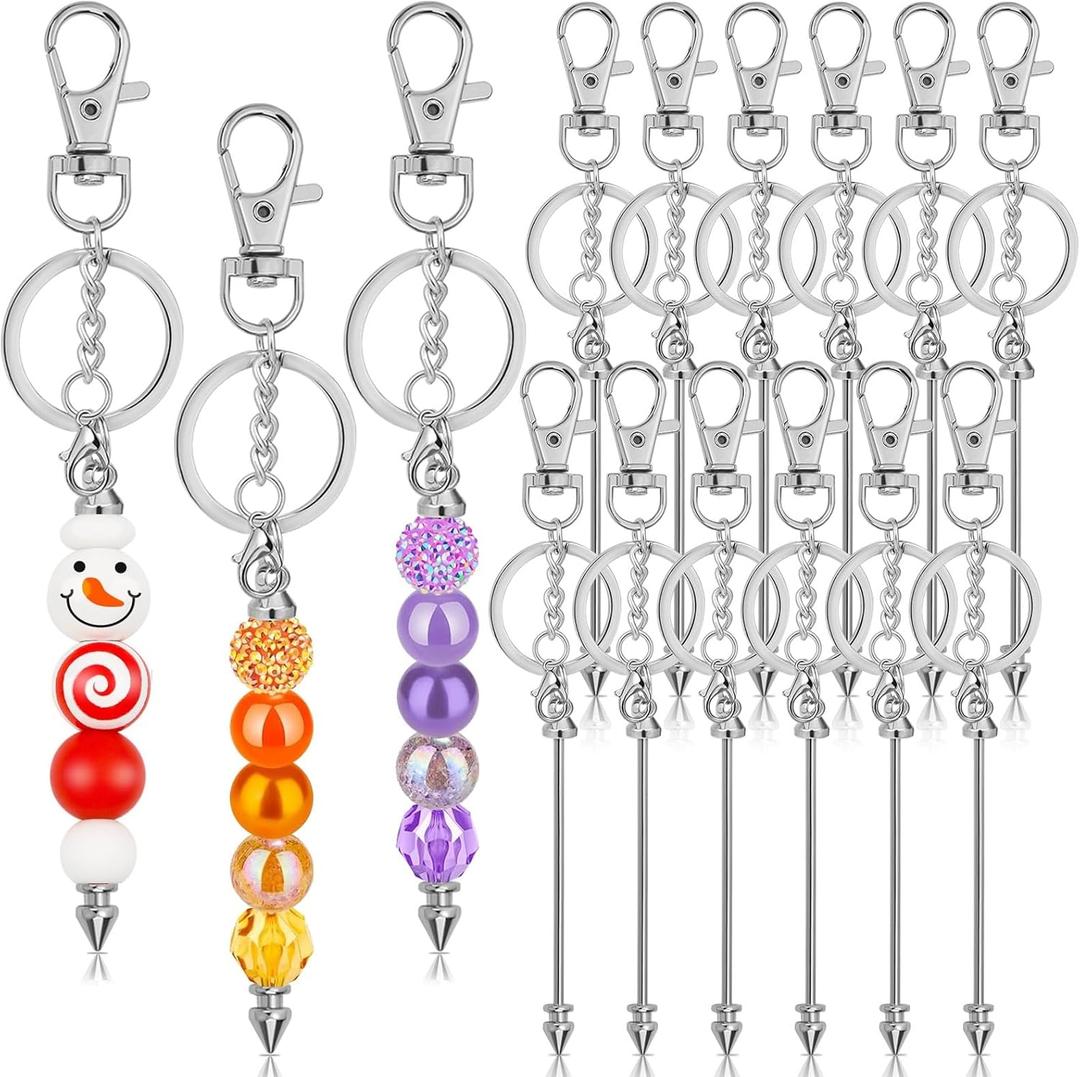 ROADPLUM 12 Pcs Beadable Keychain Bar, Silver Bead Keychain Beaded Item for Pendant DIY, Alloy Blank Key Chain Accessories Bulk for Beadable Gift Jewelry Making Supplies