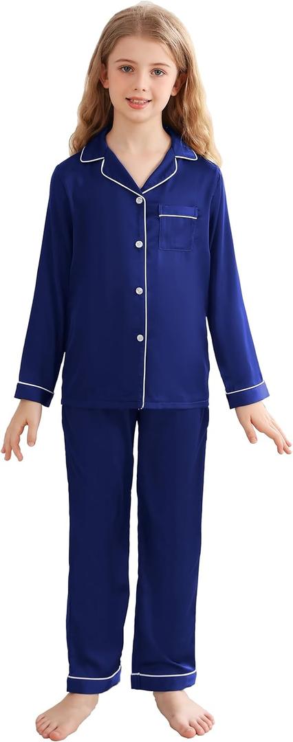 Veseacky Kids Summer Pajama Set Soft Satin Button Top and Pj Long 2-Pieces Sleepwears Set (Blue,8y 9y)