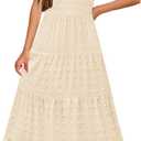 HOSIKA Girls Maxi Dress Boho Swiss Dot A-Line Tiered Casual Party Dresses (Beige)