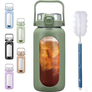 BLUEGO 64oz Glass Water Bottles with Straw Time Marker Half Gallon Large Motivational Water Bottle with Silicone Sleeve 2 Liter Large Glass Water Jug for Gym, Sports& Workout, Daily, 02 Olive