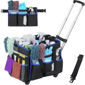Large Rolling Cleaning Caddy Bag with Detachable Trolley, Cleaning Supplies Organizer Caddy on Wheels with Multi-pocket & Waist Pouch, Water Resistant Cleaning Cart with Shoulder Strap for Housekeeper