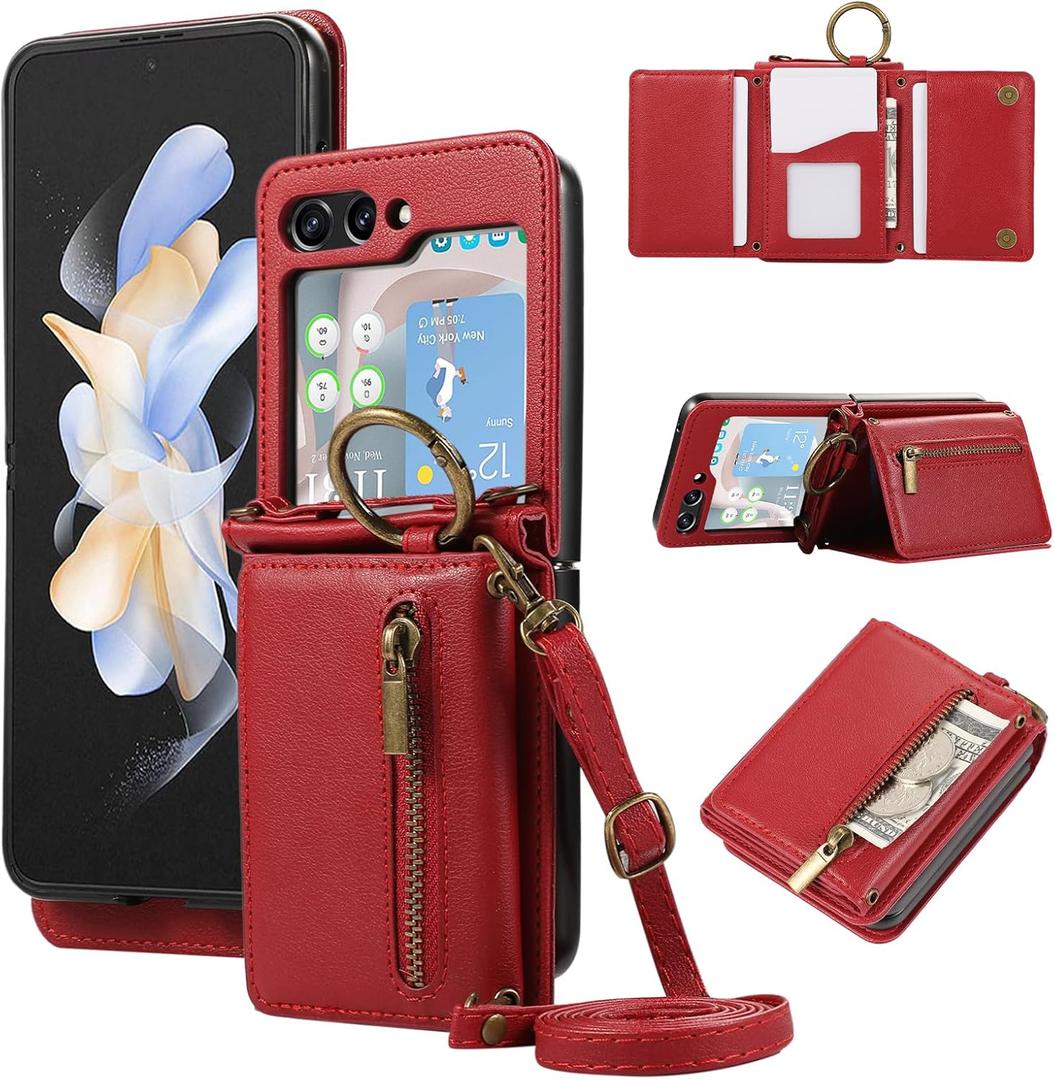 Compatible with Samsung Galaxy Z Flip 5 5G 2023 Wallet Case and Crossbody Shoulder Strap Ring Buckle Hinge Protection Stand Card Holder Phone Cover for ZFlip5 Z5 G Flip5 5Z Women Girls Men Red