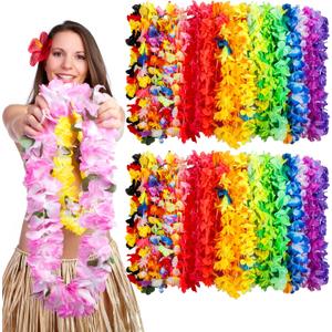 Hawaiian Lei Bulk, Tropical Luau Hawaii Theme Silk Flower Necklace for Beach Holiday Wedding Birthday, Aloha Summer Supplies