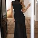 LAGSHIAN Women's Elegant Formal Long Dress Sleeveless Mesh High Neck Ruched Cocktail Party Maxi Dress, L