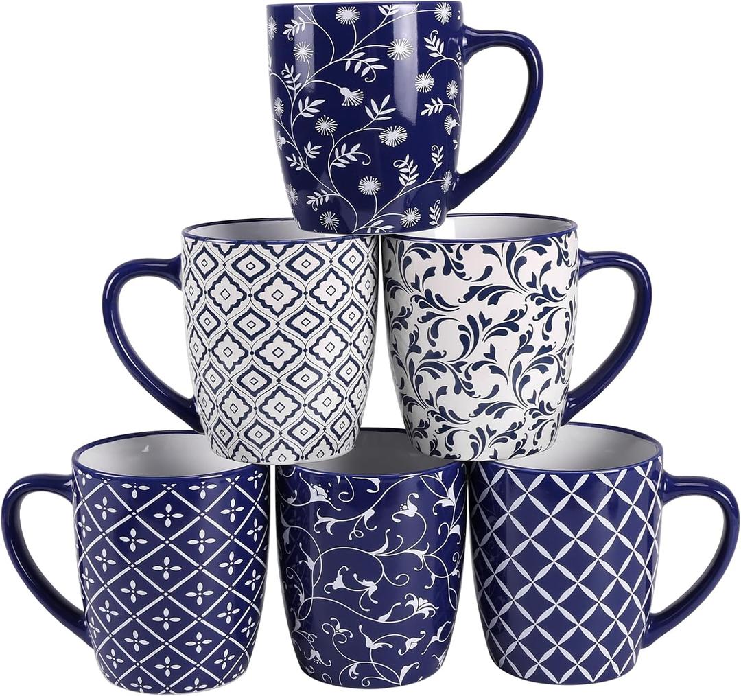 Schliersee 18 OZ Large Coffee Mugs Set of 6, Ceramic Mug for Man Woman, Blue White Geometric Floral Porcelain Cup for Latte, Tea, Cappuccino, Mocha, Cocoa, Housewarming Wedding Mug Present