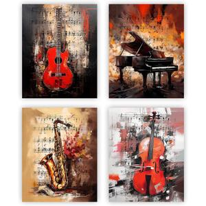 NIIORE Vintage Music Themed Wall Art Canvas, Guitar, Piano, Saxophone, Violin Prints for Bedroom Home Decor, Set of 4 - (8x10 Inch, Unframed)