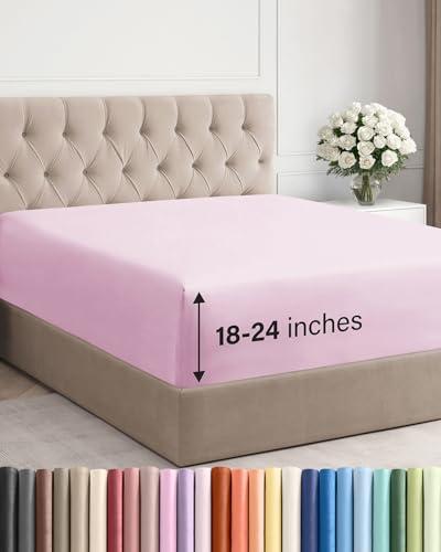 Extra Deep Full Fitted Sheet - Hotel Luxury Single Fitted Sheet Only - Easily Fits 18 inch to 24 inch Mattress - Ultra Soft, Wrinkle & Fade Free w/Extra Deep Pockets - Breathable & Comfy - Light Pink