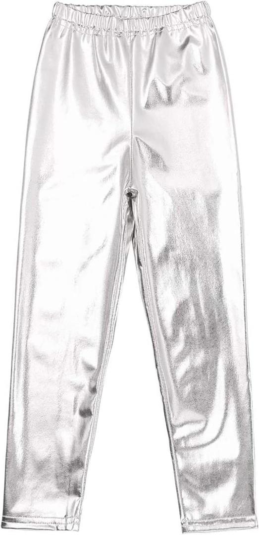 Kids Girls Boys Metallic Leggings Pants Modern Hip Hop Street Dance Performance Costume Trousers (Silver, XS)