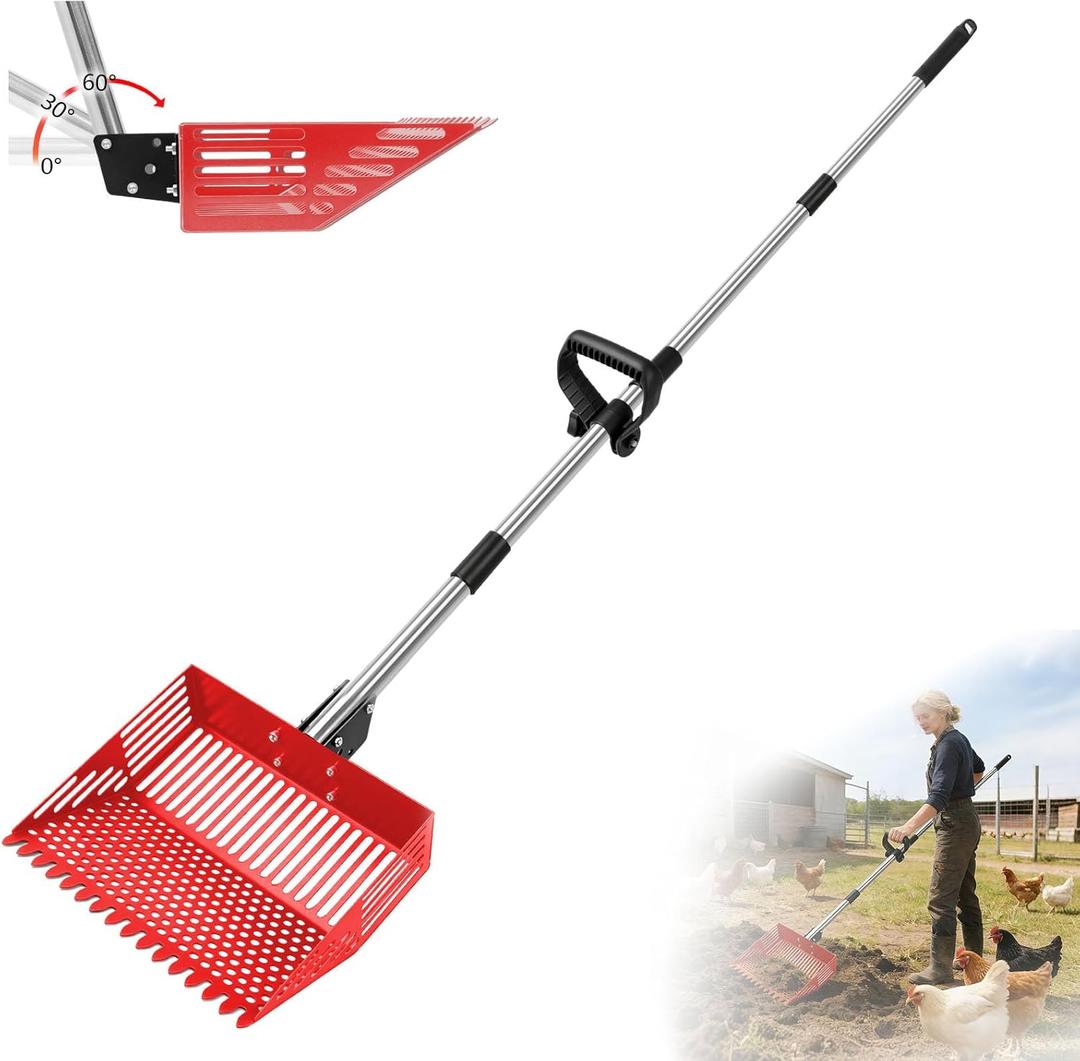 Heavy Duty Chicken Poop Scooper & Rake 2 in 1,Adjustable Angle Handle Chicken Coop Metal Litter Scoop & Sand Sifting Shovel,Pooper Scooper for Dog,Cat,Poultry,Farm Animals,34"-66"