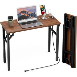 TEMI Small Computer Desk Folding Table - No Assembly, Compact 35.8" Foldable Desk with Power Outlets & USB Charging Port, Portable Small Office Desk, Ideal Mini Study Table for Narrow Spaces, Walunt (Dark Walnut)