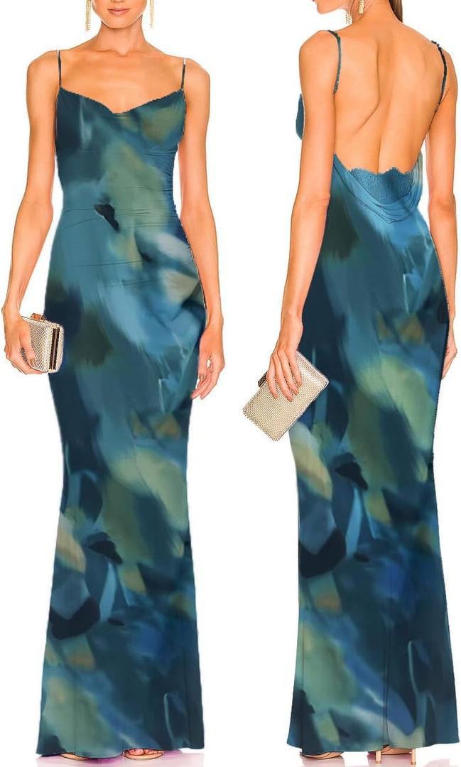 Capuffy Women Drape Neck Formal Maxi Dresses Lace Backless Cocktail Party Dress Spaghetti Straps Mermaid Evening Gown 221 (Tie Dye Blue) XS