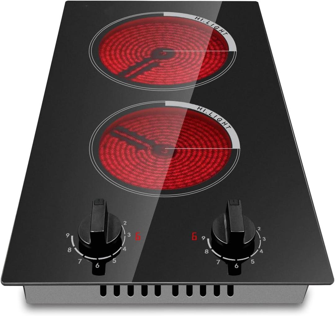 12 Inch Electric Cooktop 2 Burner, Built-in Stove, Electric Radiant Cooktop with Knob Conrol, Residual Heat Indicator, 9 Power Level, Over-Heat Protection, 220V Hard Wire(No Plug)