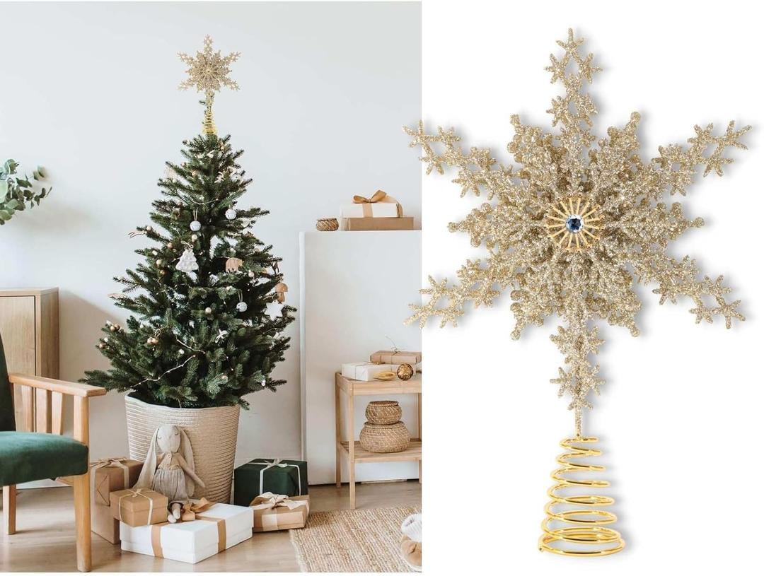 Christmas Traditions 8 inch Champagne Gold Glittered Multi-Layers Star Snowflake Tree Topper Star Home Decor/Table/Shelf Ornaments (Champagne Gold)