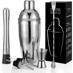 Cocktail Shaker Set, 6-Piece Mixology Bartender Kit Premium Shakers Bartending: Martini Shaker Jigger Mixing Spoon Muddler 2 Pourers Bar Tools Set with Built-in Bartender Strainer for Drink Shaker