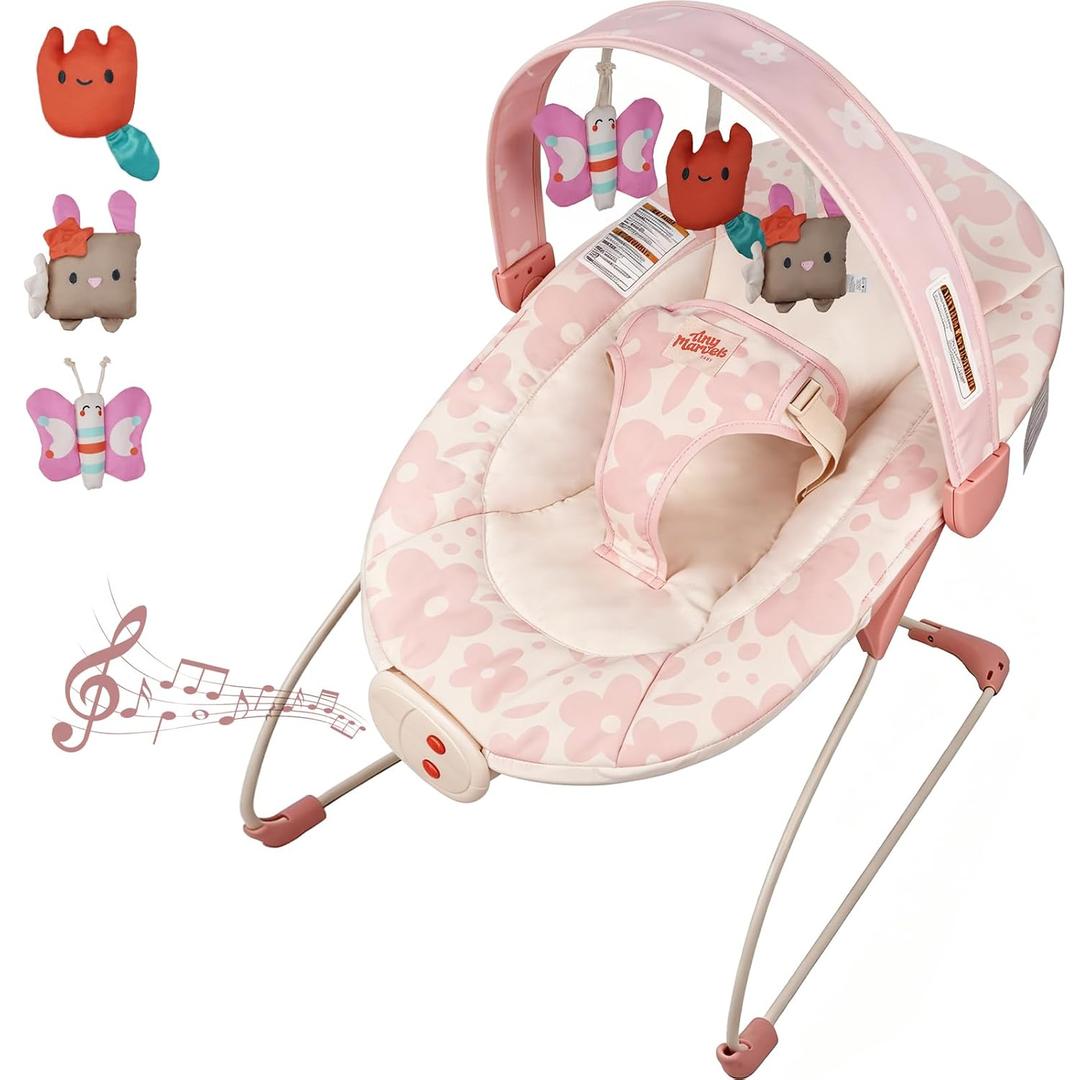 Baby Bouncer Baby Bouncer seat, Infants Bouncy Seat with Music & Sensory Toys, Machine Washable Seat Pad Indoor Infant Seat, Ideal for Newborns 0-6 Months, 20lbs (Pink Floral)
