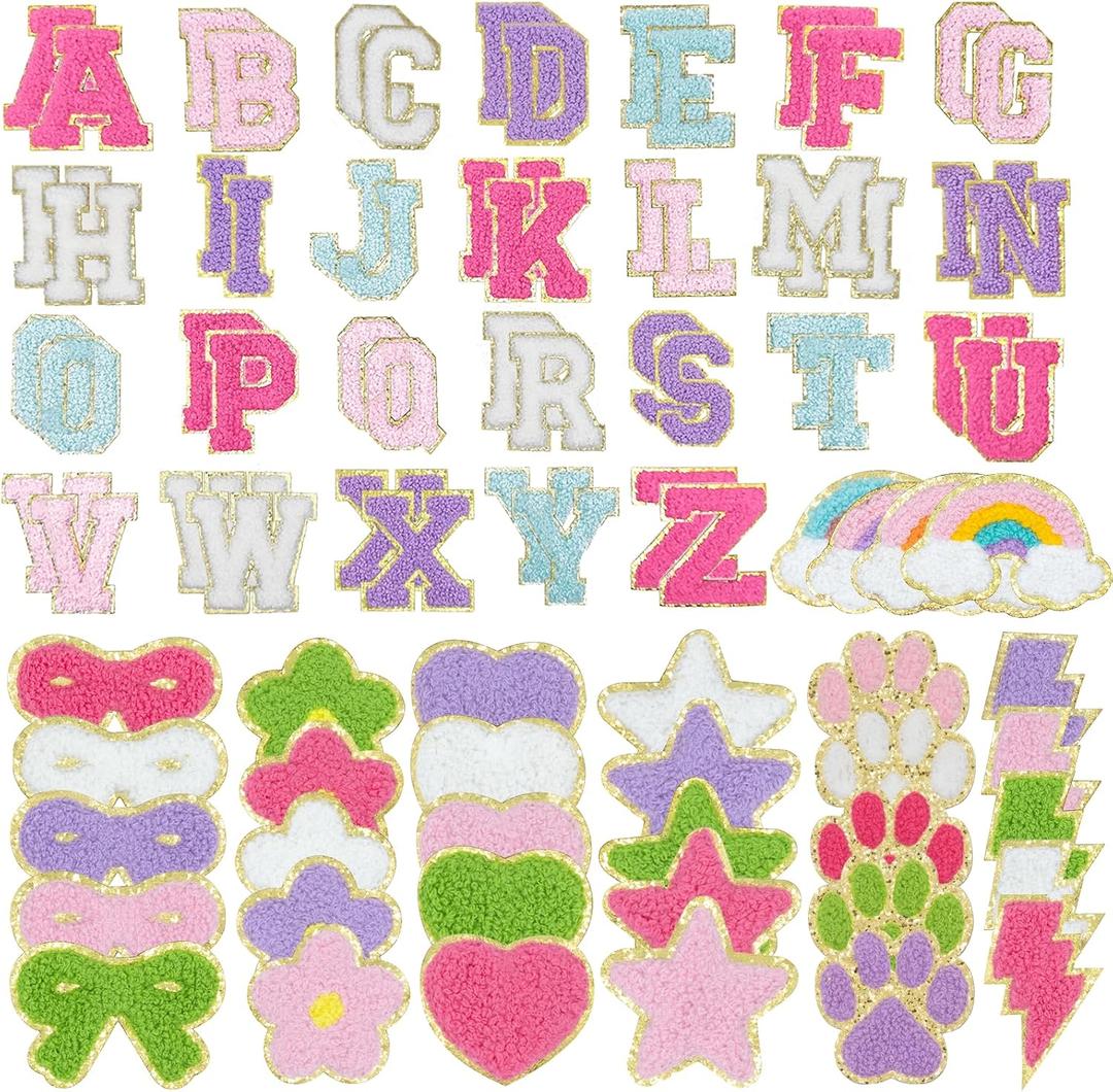 86 Pcs Chenille Letter Patches Self Adhesive Iron On Patches for Clothes,Include 52 A-Z Varsity Alphabet,34 Cute Pattern Chenille Patches for DIY Clothing,Bags,Hats,Embroidered Repair