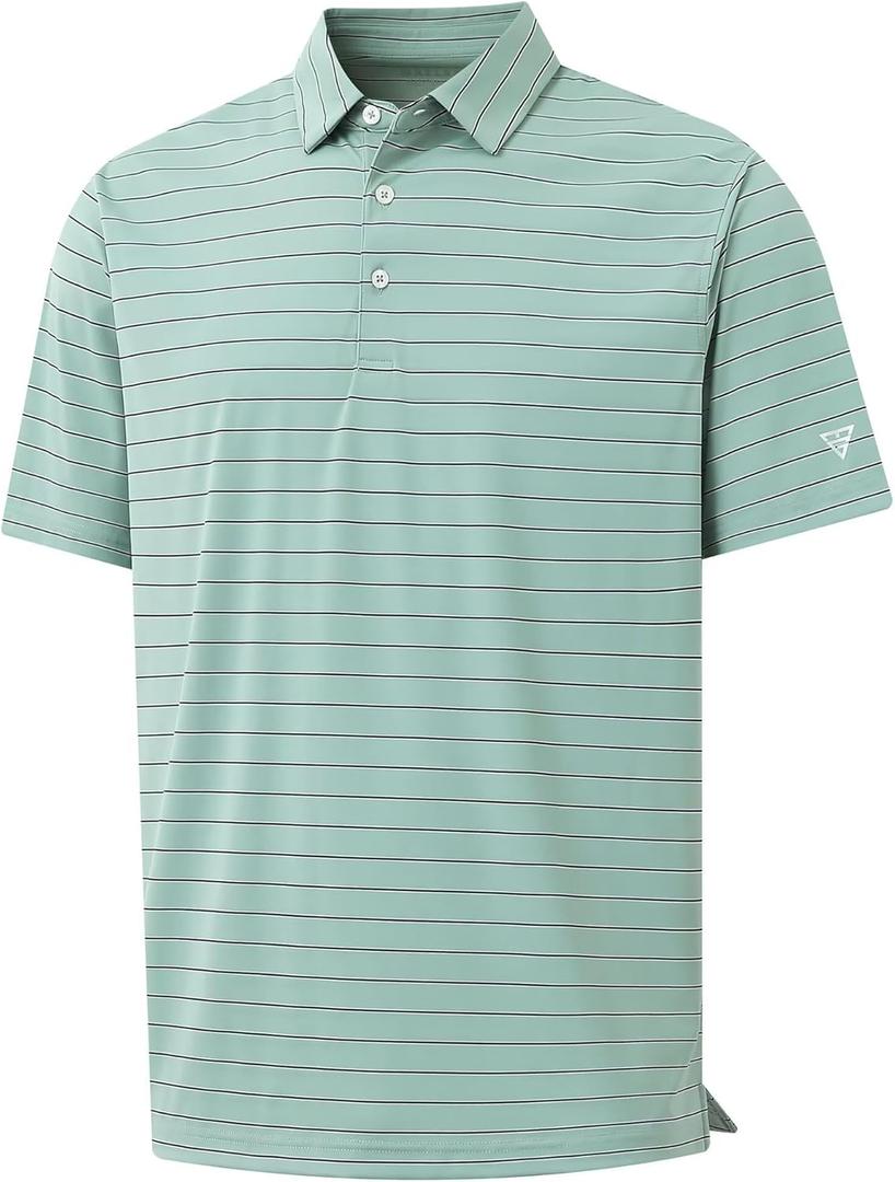 M MAELREG Mens Striped Golf Shirts Short Sleeve Silk-Like Touch Water-Resistant Breathable Soft Collared Polo Shirts for Men (Green, S)