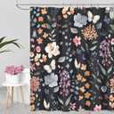 Black Floral Shower Curtain, Botanical Wildflower Dark Fabric Shower Curtain Set with Hooks, Flower Leaf Bath Curtain Boho Vintage Rustic Shower Curtains Moody Maximalist Bathroom Decor, 72x72