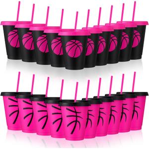 Domensi 20 Pcs Pink Basketball Party Favor Cups Bulk 16oz Cups Reusable Plastic Tumbler with Lid and Straw for Team Coach Friend Fan Men Women Gifts Party Favor Decoration Supplies