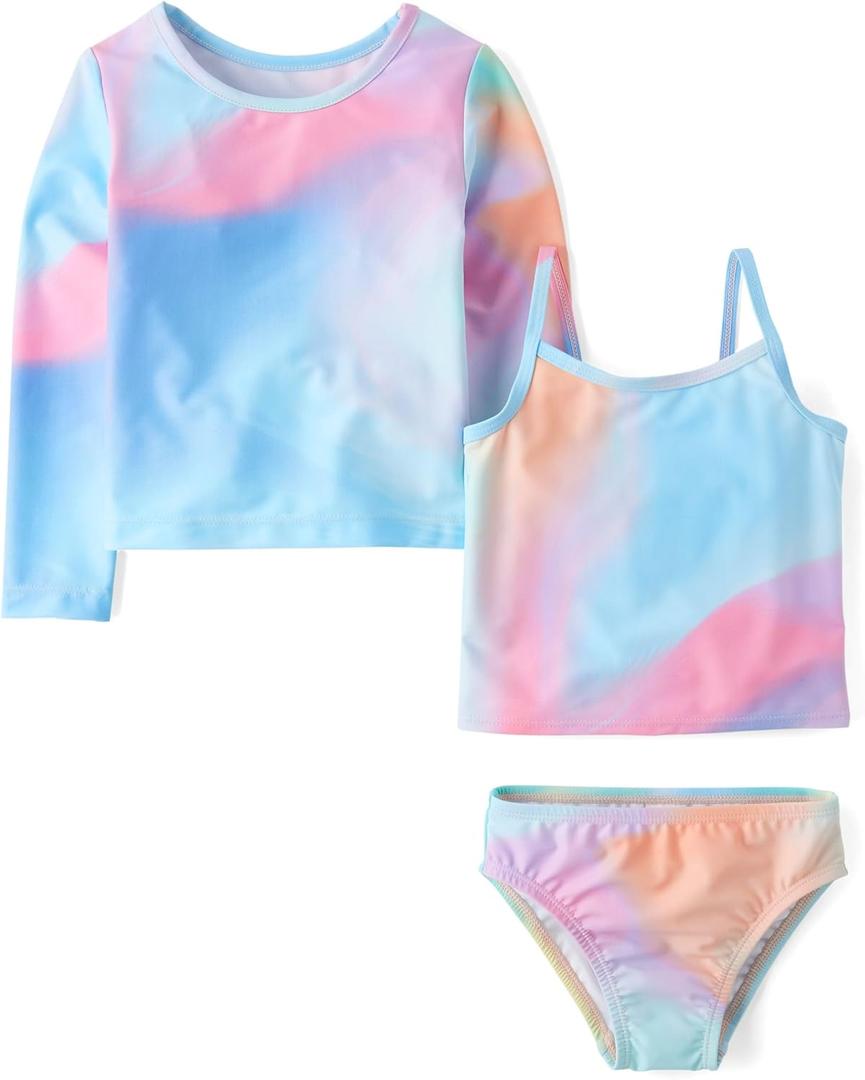 The Children's Place Baby-Girls and Toddler Long Sleeve Rashguard and Tankini Swimsuit, 3 Piece Set (4T, Gulf Blue)
