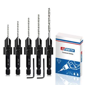 5-pc Countersink Drill Bit Set, 3in1 Woodworking Counterbore Hole Drill Bits for #6 8 10 12 16 Screws, Depth Adjustable M2 Pilot Drill Bits, 82-Degree Chamfer, 1/4 Hex Shank, 2 Allen Wrench