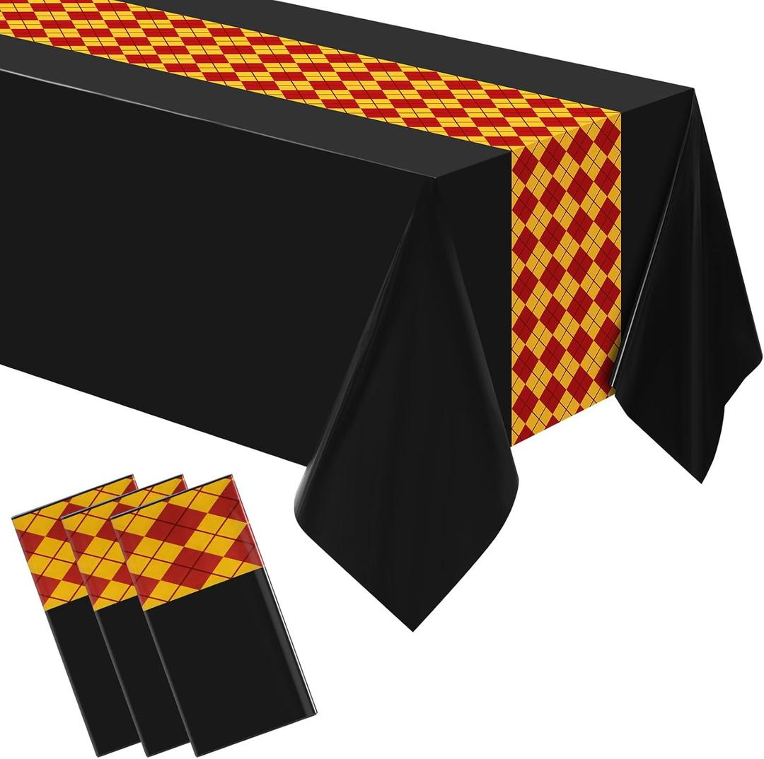 Oudain 3 Pcs 3 Pcs Wizard Tablecloth 54 x 108 Inches Plastic Black Table Cover Red Golden Tablecloth Disposable Magical Party Supplies for Halloween Witch Birthday Party Decoration (Rhombus)