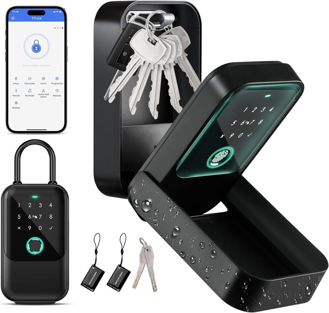 Moquin Smart Key Lock Box, TTLock APP Control, Fingerprint, Manual Keys, Access Card, EKey and Passcode Unlock, Electronic Bluetooth Wireless Lock Box for Airbnb Realtor House Office