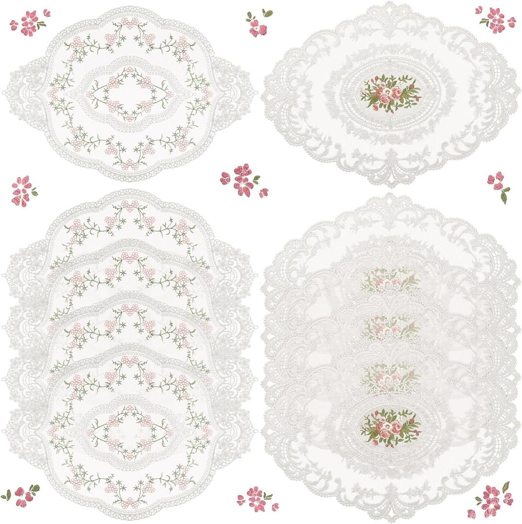 Mixweer 10 Pcs White Retro Lace Placemats Oval Embroidered Table Place Mats French Crochet Doilies Vintage Coasters Cup Mat 12'' x 16'' for Wedding Cup Vase Table Decor