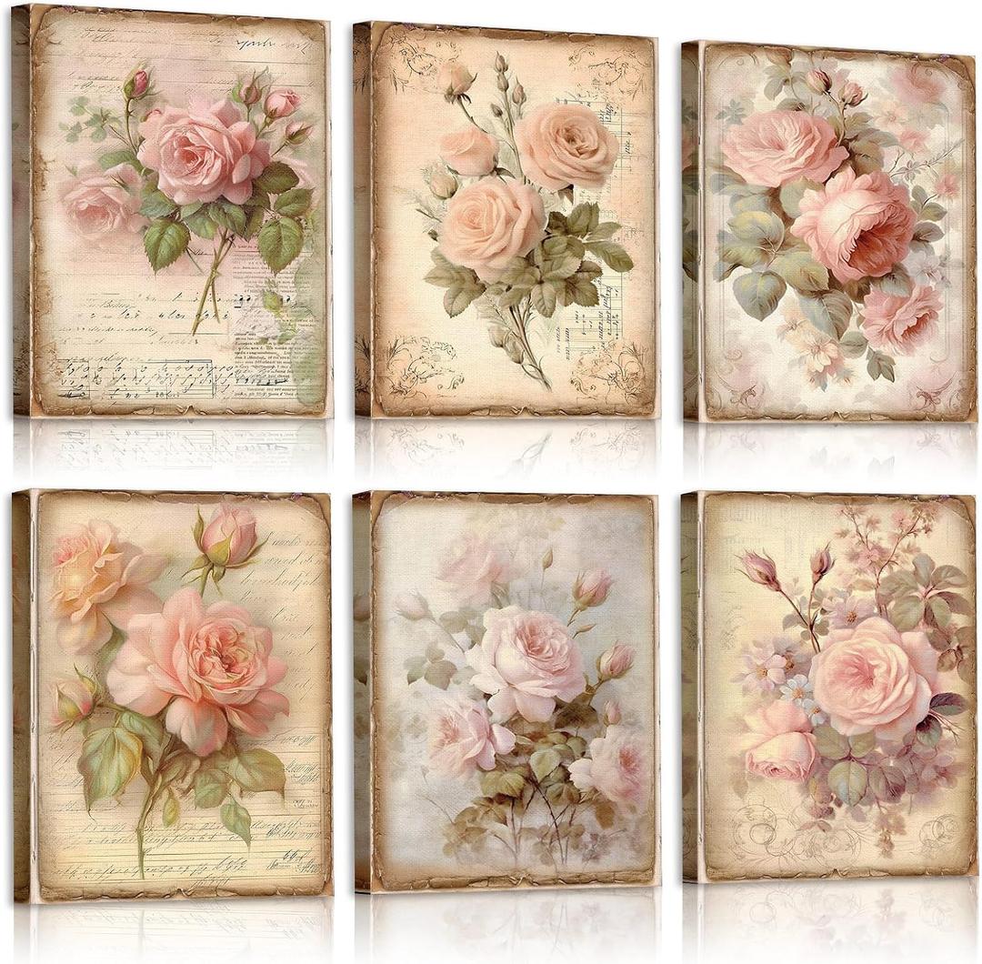Vercraft 6 Pcs Vintage Flowers Canvas Wall Pink Rose Grandmillennial Home Wall Decor Retro Floral Pictures Farmhouses Wedding Decor for Home Office Bedroom Plant Printing Painting, 8 x 10 Inch