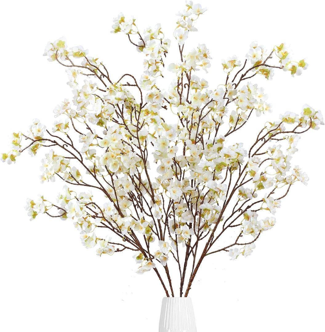 Sggvecsy Artificial Cherry Blossom Flowers 4 Pcs Faux Cherry Blossom Stems Faux Silk Cherry Blossom Branches 41 Fake Flowers Long Stems for Vase Arrangements Home Wedding Table Decor (White)