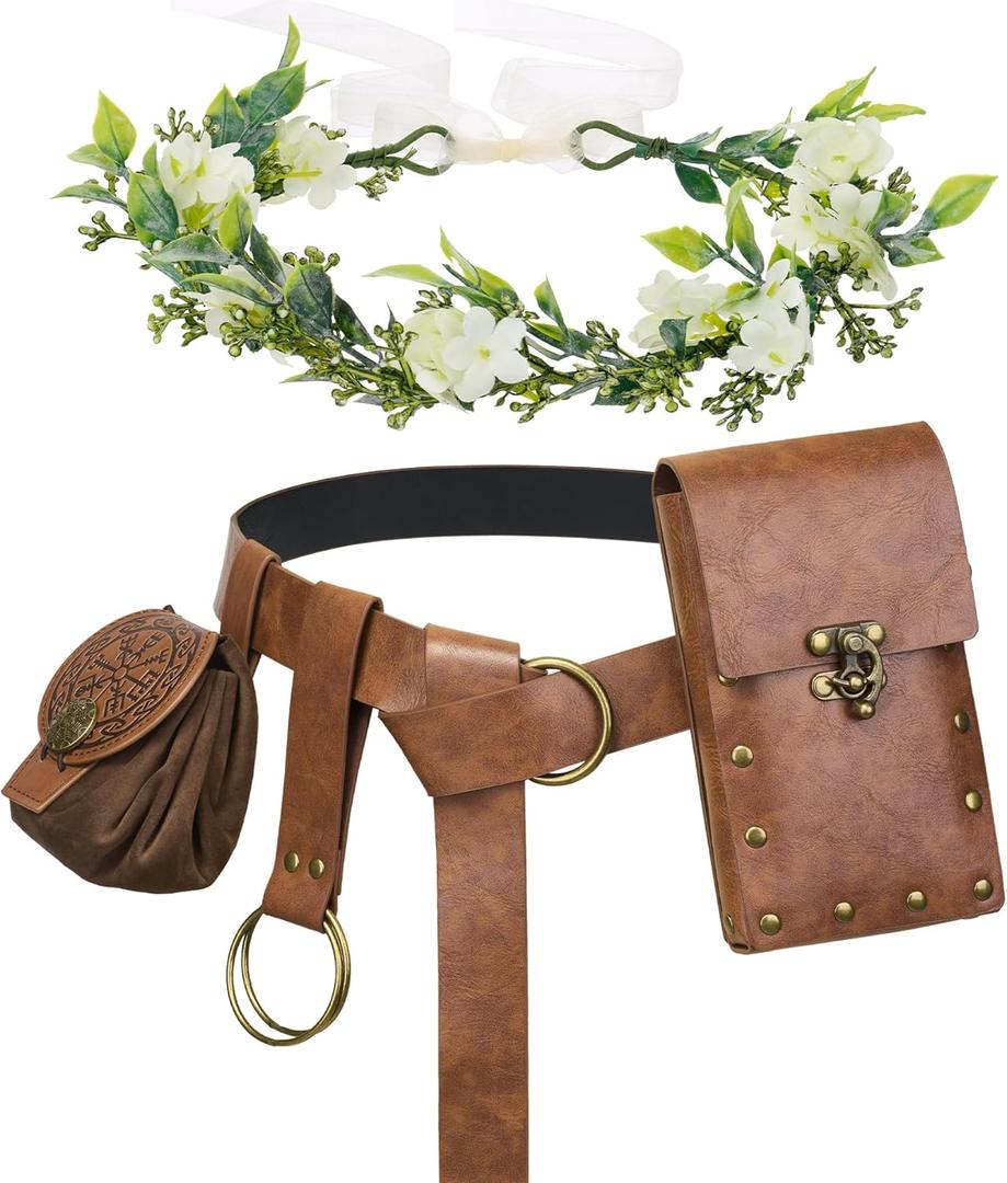 YESSA Renaissance Accessories,Medieval Viking Leather Belt Pouch Coin Phone Purse,Ren Faire Headpiece Halloween Cosplay Set