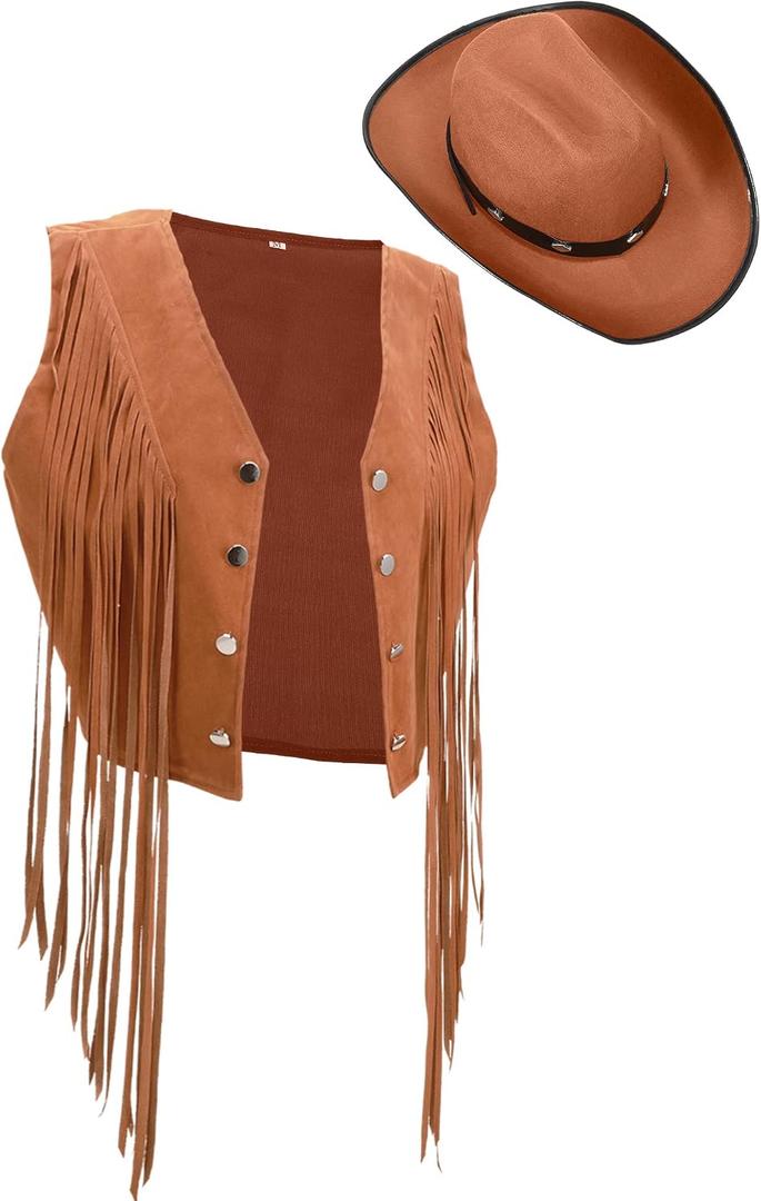 Yaomiao 70s Hippie Womens Fringe Vest Western Felt Cowgirl Hat Cowgirl Costume Rivets Sleeveless Faux Suede Tassels Jacket