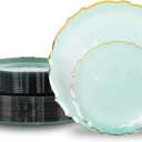 Lullaby 50pcs Translucent Green Plastic Plates with Gold Rim, Fancy Disposable Plates include 25pcs Dinner Plate 10, 25pcs Dessert Plate 7, Perfect for Party, Wedding, Holiday