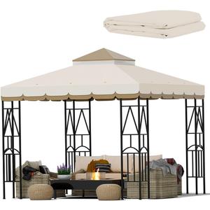 10x10 Canopy Replacement Top Double Tiered Gazebo Cover for Yard, Patio & Garden Durable Sunshade Replacement (BeigeBrown with lace)