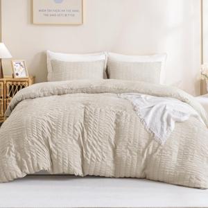 Litanika California King Size Comforter Set Beige, 3 Pieces Lightweight Summer Seersucker Bedding Comforters Sets, Soft Aesthetic Bed Set (104x96In Comforter & 2 Pillowcases) (California King (104"x96"), 05 - Beige)