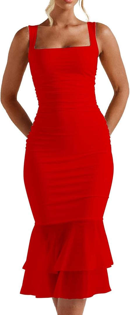 Kaximil Women's Sexy Bodycon Ruched Square Neck Midi Dresses Elegant Sleeveless Ruffle Cocktail Party Dress, Small, Red