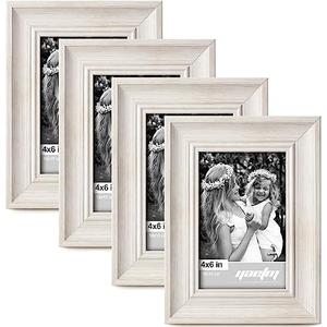 Yaetm 4x6 Picture Frame Set of 4, 1.4” Wide Molding & Rustic White Photo Frames with HD Tempered Glass, Display on Table Top & Wall Mounting (2 pack, Rustic White)