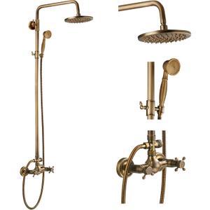 gotonovo Exposed Bathroom Shower Faucet Set Shower Fixture 8 Inch Rainfall Shower Head Handheld Shower Cross Handle Wall Mount 2 Functions Antique Brass