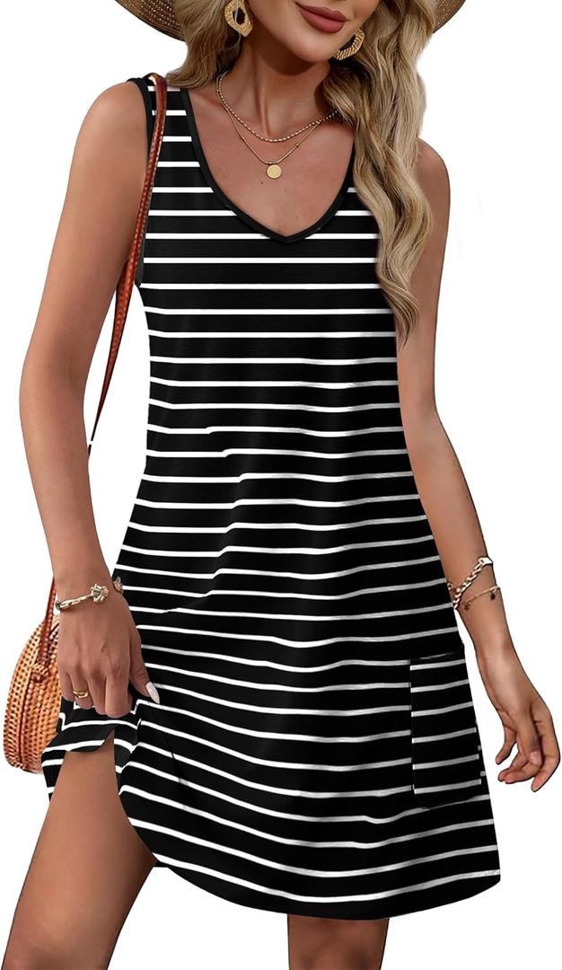 OFEEFAN Womens Summer Dresses 2026 V Neck Sleeveless Sundresses with Pockets Beach Vacation Clothes Floral/Plain (Black, L)