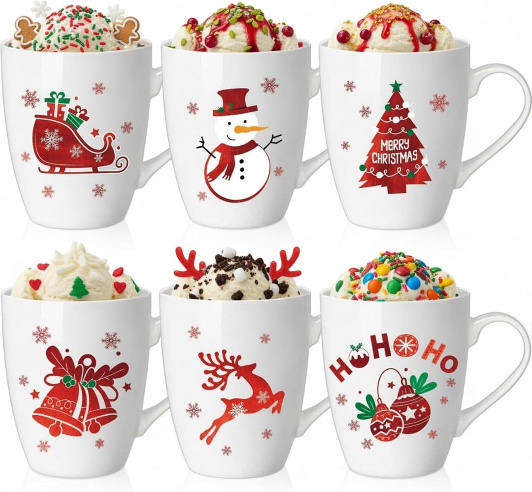 Shellwei 6 Pack Christmas Coffee Mugs 11 oz Holiday Ceramic Mugs Set Xmas Tea Cups with Handles Bulk Reusable Ceramic Coffee Cups for Women Men Teachers Appreciation Christmas Gifts (Cute)