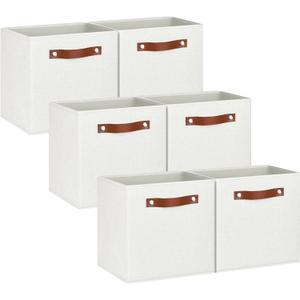13x13 Storage Cubes - 6 Pack - Linen Fabric 13 Inch Cube Storage Bins for Bedroom, Living Room, Clothes and Toys; Foldable, Dual Leather Handles (Off-White)