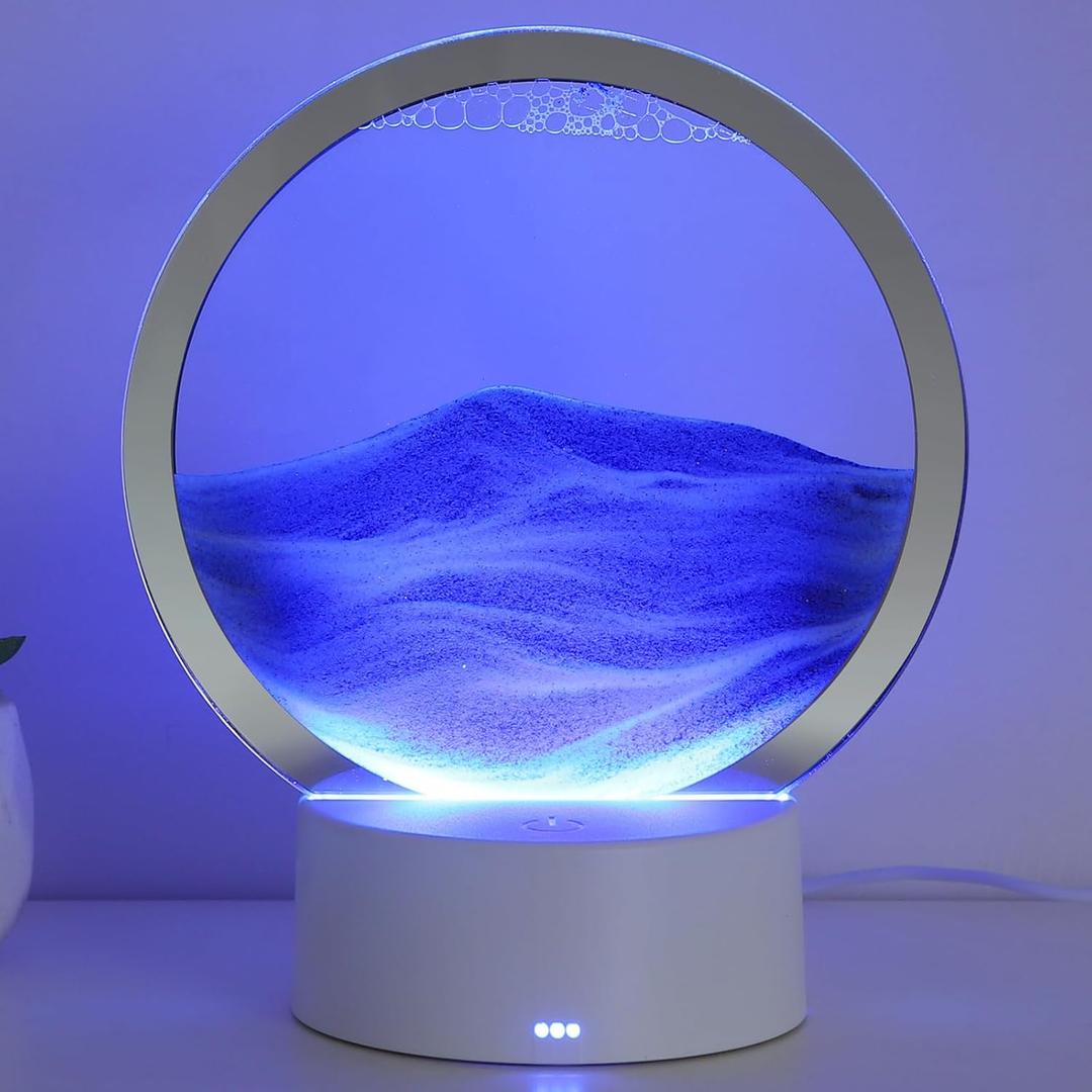 KPNUWN Moving Sand Art Liquid Motion, 3D Deep Sea Sandscape Color Quicksand Decor, Round Glass Moving Sand Art Picture Relaxing Desktop Home Office Work Decor (Blue, 6 inch)
